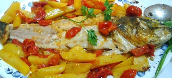 Sea bass with potatoes Tomatoes and Saffron